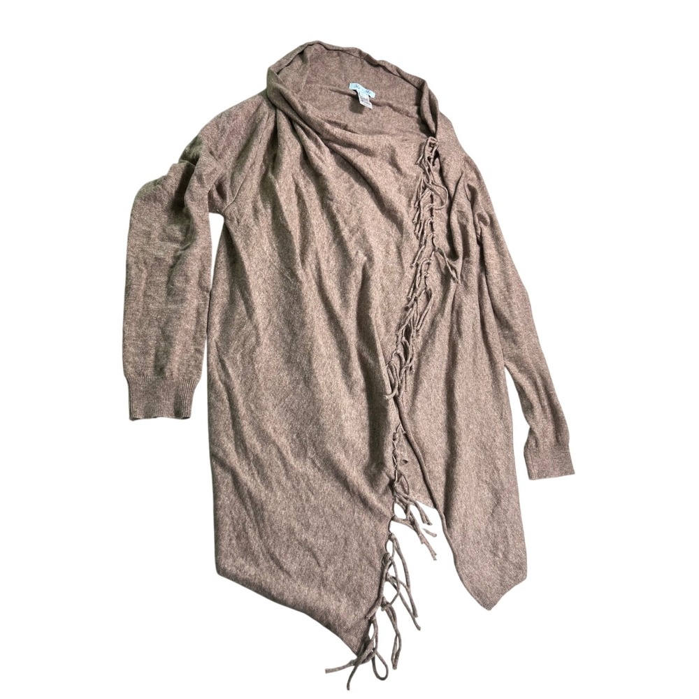 She + Sky Womens Large Brown Draped Wrap Cardigan Fringe Asymmetrical Boho